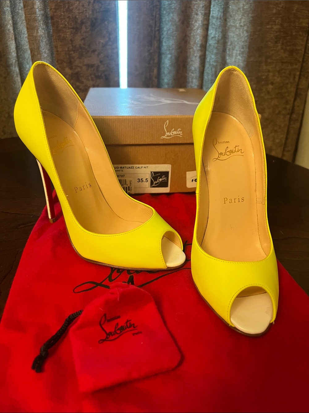 Christian Louboutin Youpi 120 Fluo Mat/Jazz Neon Yellow Peep-Toe Stiletto Heels